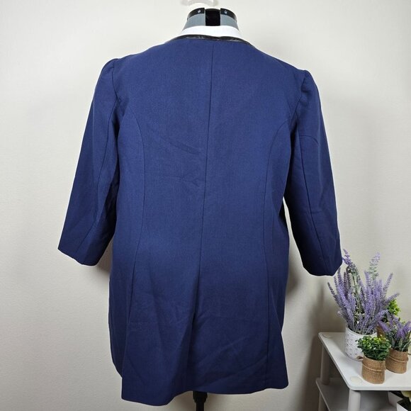 Eshakti Navy Double Breasted Jacket With Faux Leather Trim Size 28W (GUC) - Picture 3 of 11